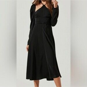 ASTR Cinch Halter Neck Pleated A-Line Satin Long Sleeve Midi Dress Size Small